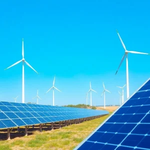 Solar panels and wind turbines in California