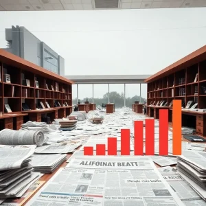A depiction of struggling newsrooms in California facing financial cuts.