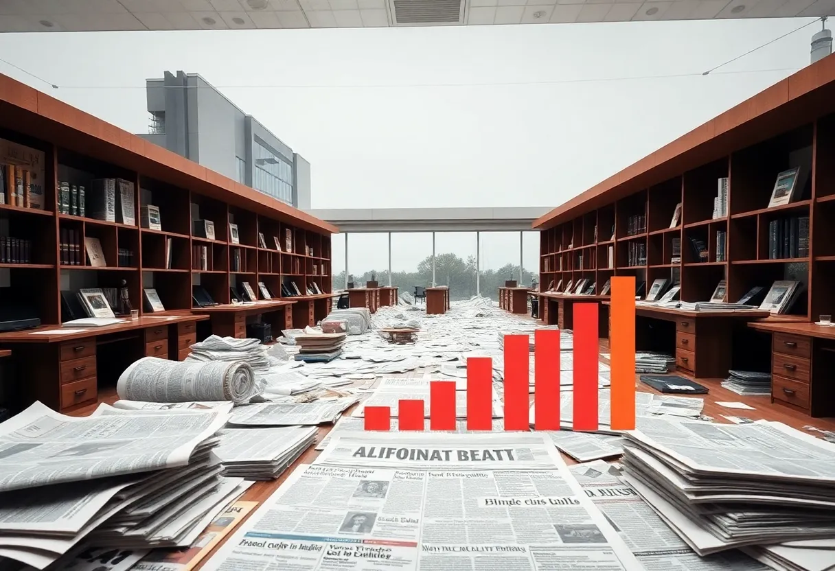 A depiction of struggling newsrooms in California facing financial cuts.