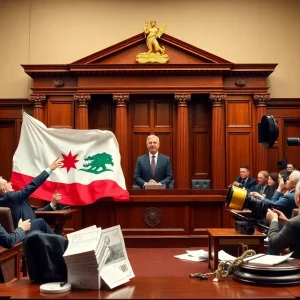 Courtroom setting symbolizing California's lawsuit against tariffs