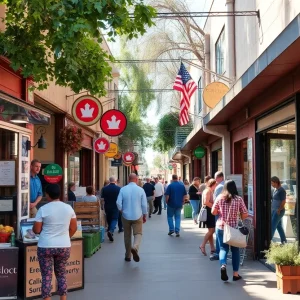 A vibrant small business district in California with active pedestrians.