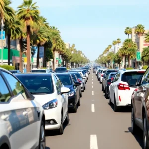 California street showcasing electric and gas-powered vehicles.