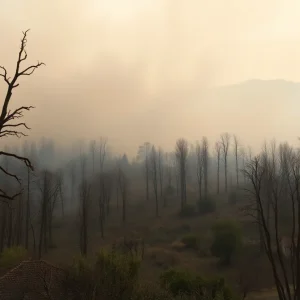 Aftermath of California wildfires showing damaged houses and burnt landscape.