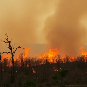 A landscape showing the aftermath of a wildfire in California.