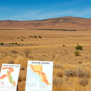 Vast dry grasslands in California indicating wildfire risk
