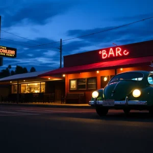 A vintage Volkswagen Beetle parked at night near a bar, symbolizing cold case investigations.