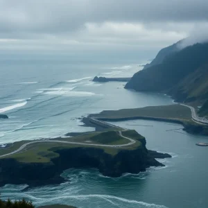 Dramatic coastal view illustrating potential flood risks from an earthquake in the Cascadia Subduction Zone.
