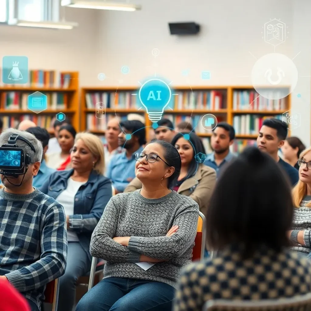 Audience at a library lecture on AI agents