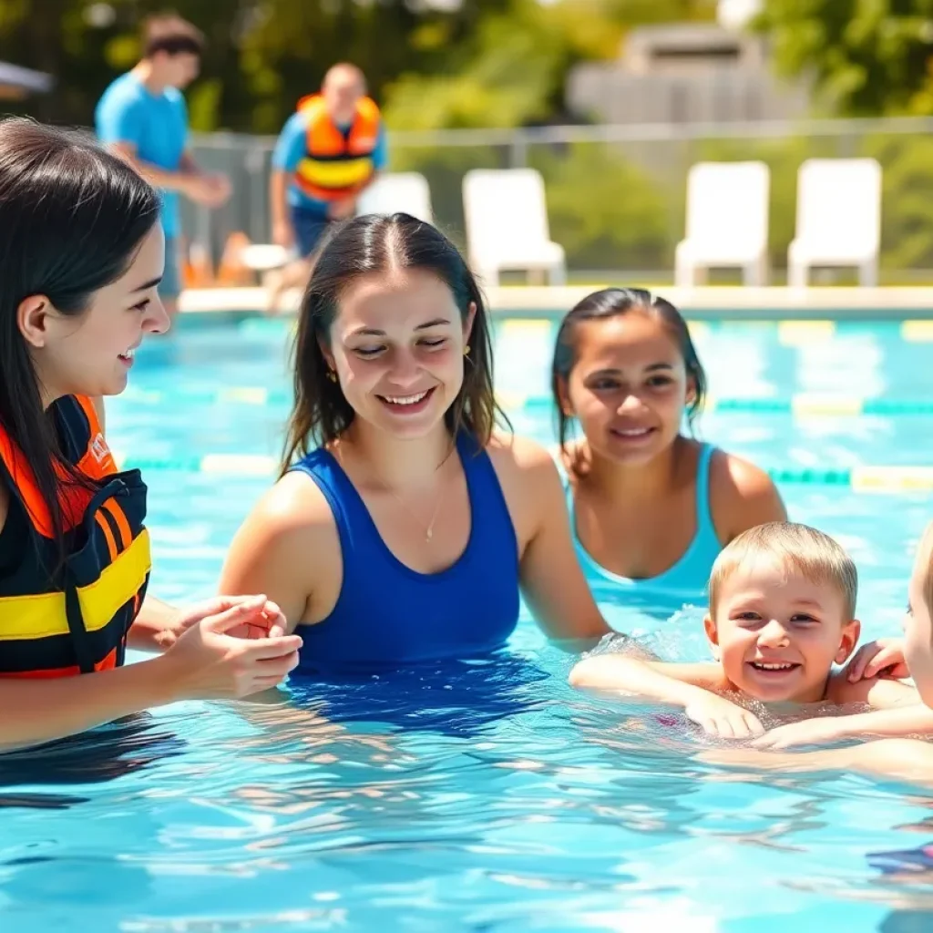 Family engaging in a water safety event with swim instructors