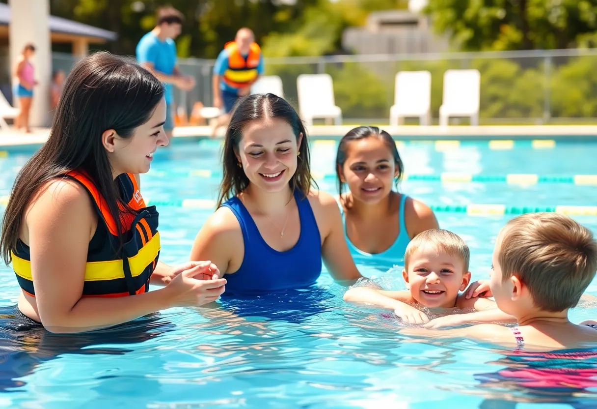 Family engaging in a water safety event with swim instructors