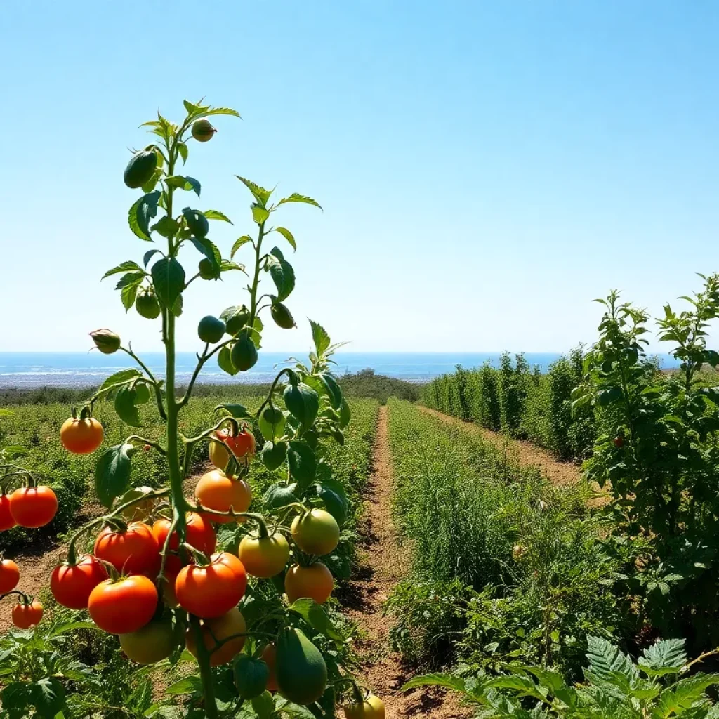 Diverse agricultural crops in Coronado including tomatoes, avocados, and herbs.