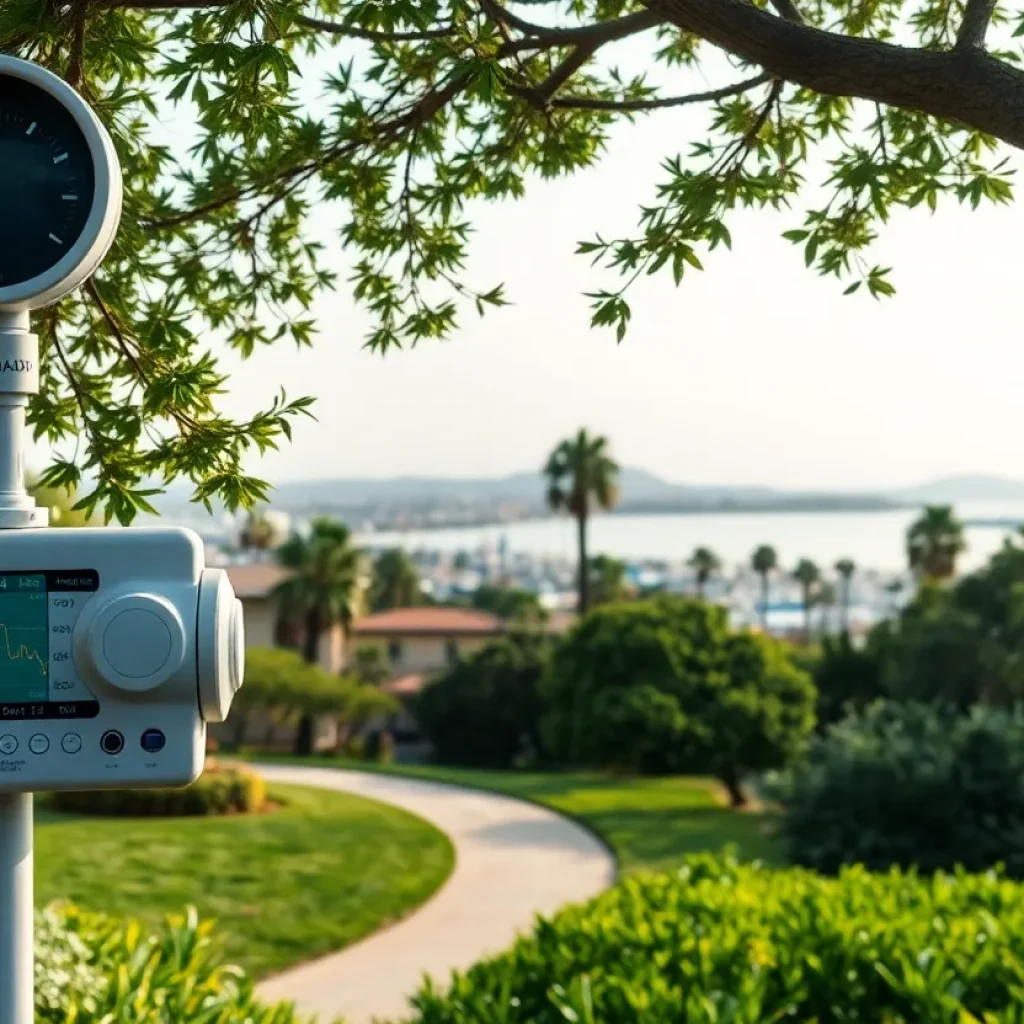 Air quality monitors in Coronado foreground with natural scenery.