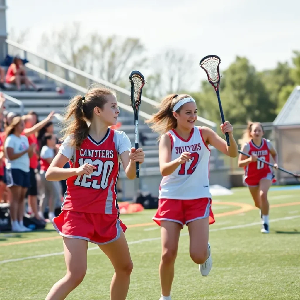 Girls lacrosse players in a competitive match at Coronado High School.