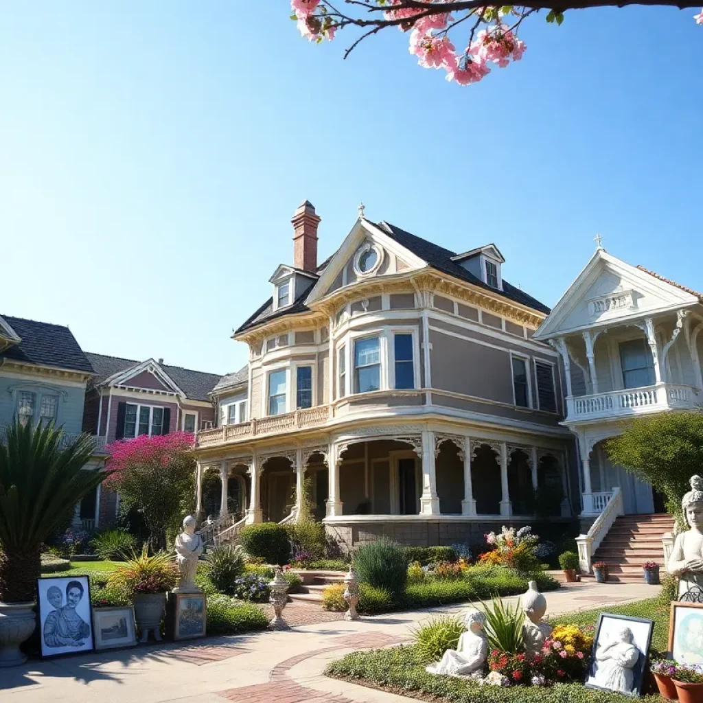 A view of historic homes on Coronado Island with art pieces displayed in the gardens.