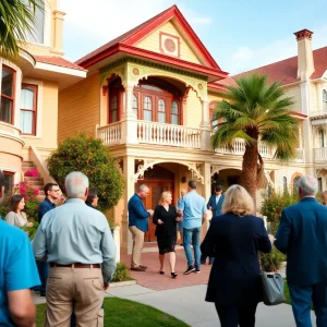 Tour attendees enjoying the Coronado historic home tour with beautiful architecture in the background.