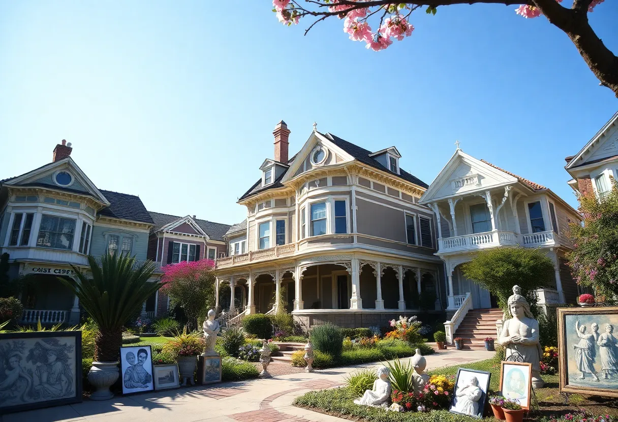 A view of historic homes on Coronado Island with art pieces displayed in the gardens.
