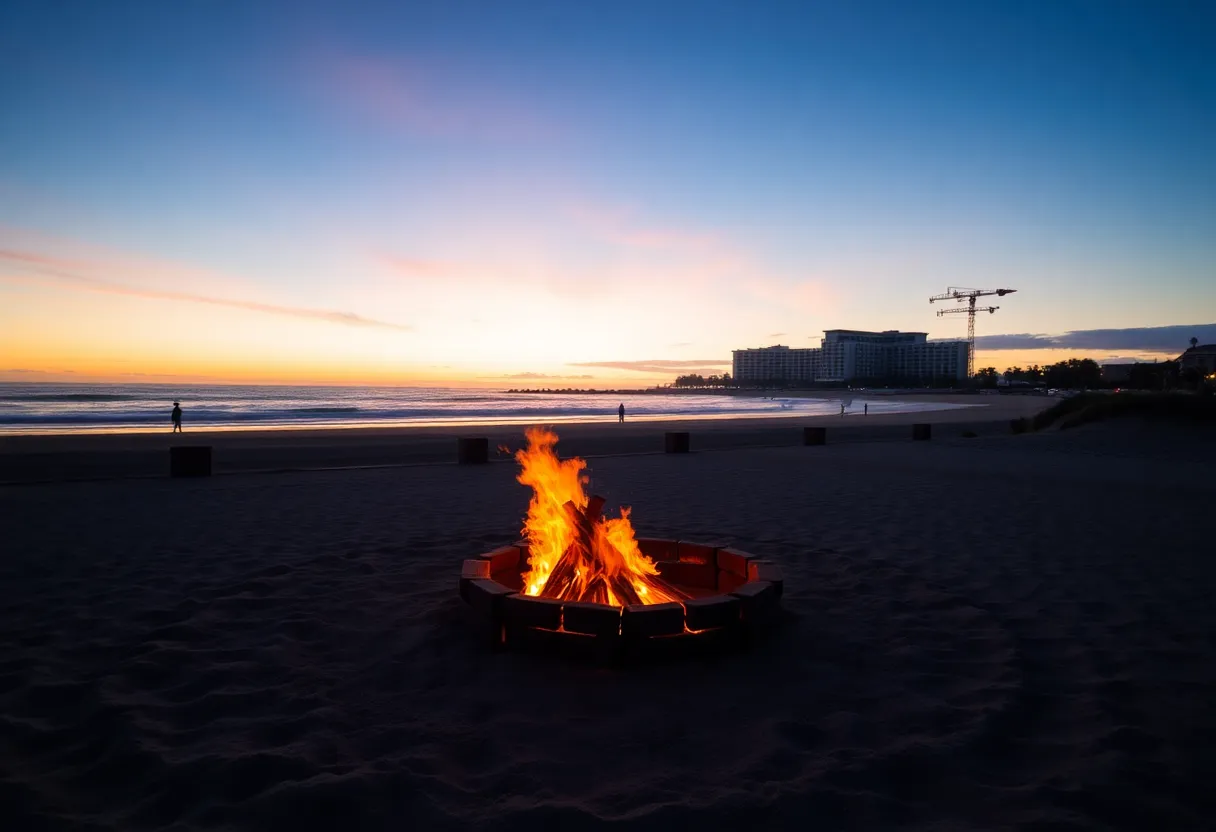 Bonfire rings at South Beach in Coronado during sunset.