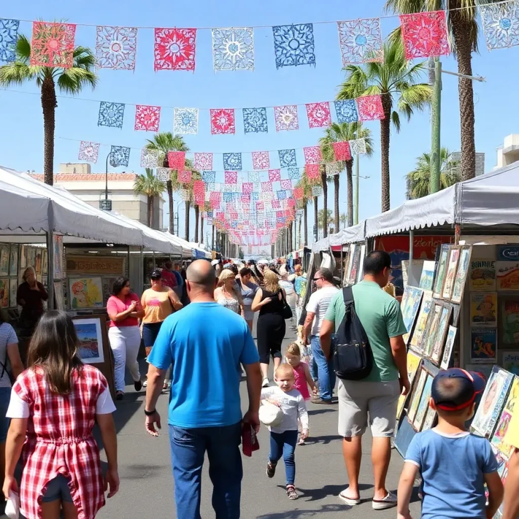 Vibrant festival scene at the Coronado Art & Wine Festival with local artists and families participating.