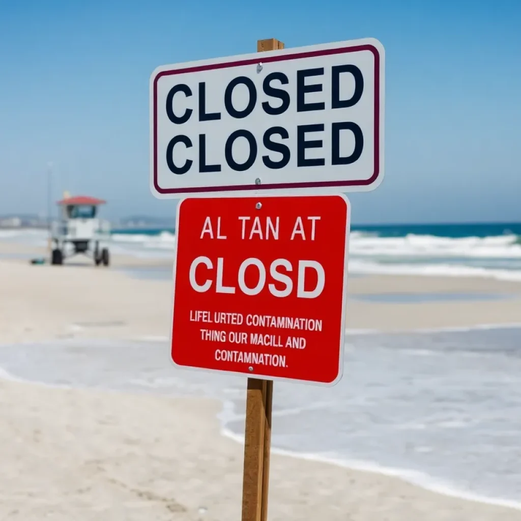 Closed Coronado Beach with warning signs about water contamination