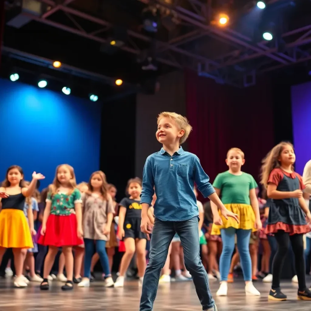 Theater performance featuring young actors in a vibrant musical scene.