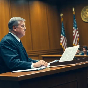 A courtroom with a judge emphasizing federal layoffs case.