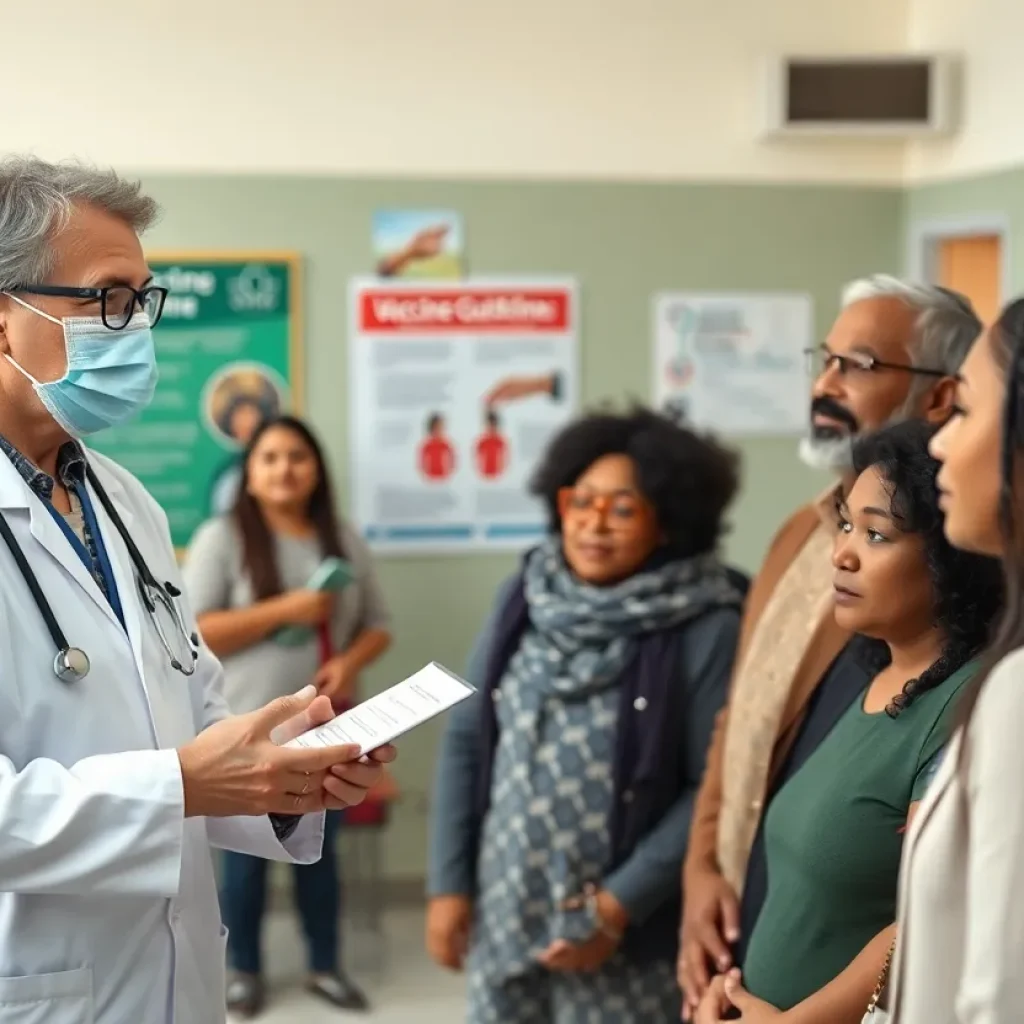 Healthcare professional explaining COVID-19 vaccine eligibility to a diverse group.