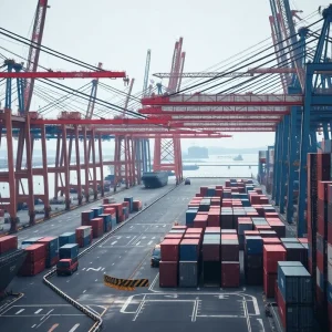 Image of a cargo port with empty docks and containers signifying decline in trade activity.