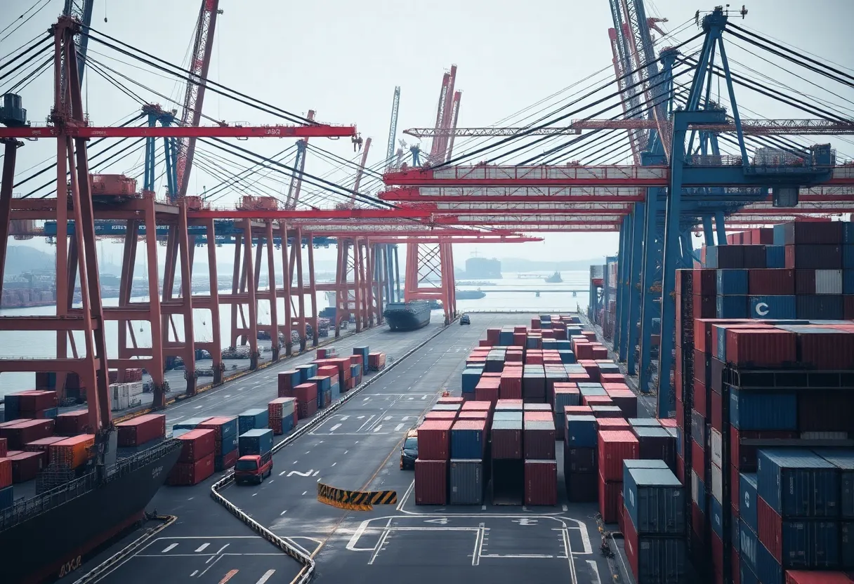 Image of a cargo port with empty docks and containers signifying decline in trade activity.