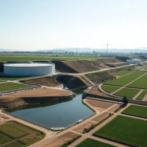 Illustration of California's water infrastructure and agricultural land affected by climate change.