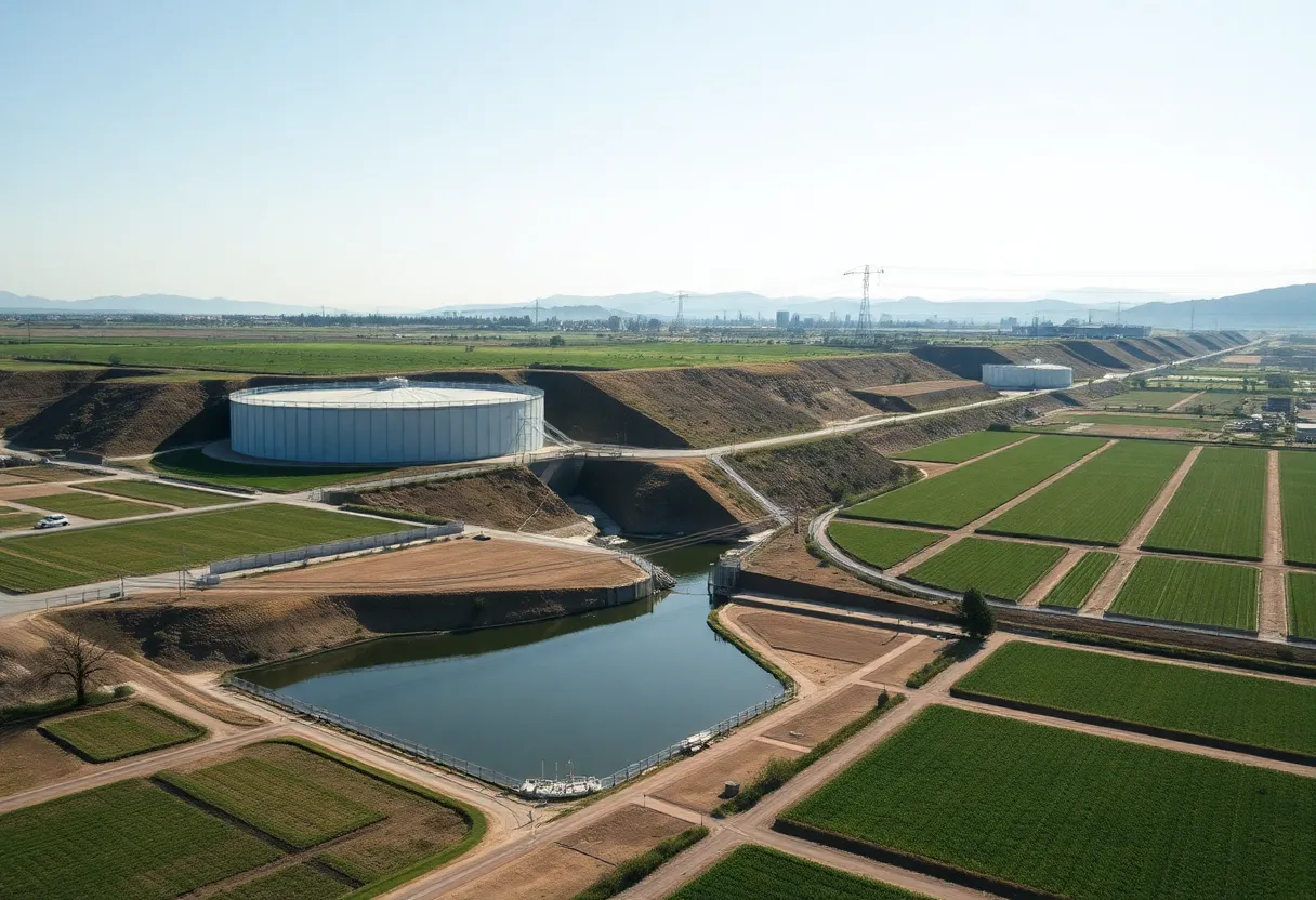Illustration of California's water infrastructure and agricultural land affected by climate change.