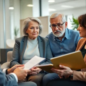 An elderly couple engaged in a serious discussion about finances with a financial adviser.
