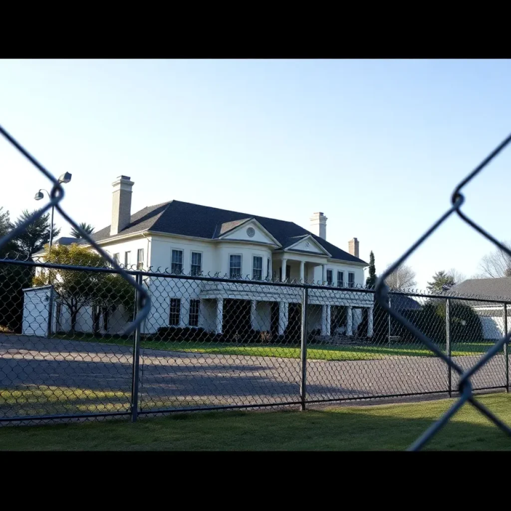 A large chain-link fence surrounding an upscale mansion in a residential area.