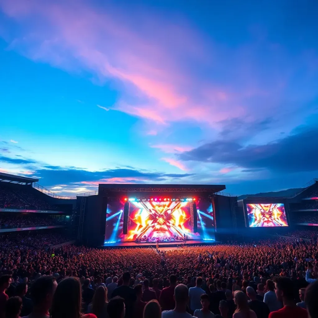 Crowd at a concert with colorful stage lights