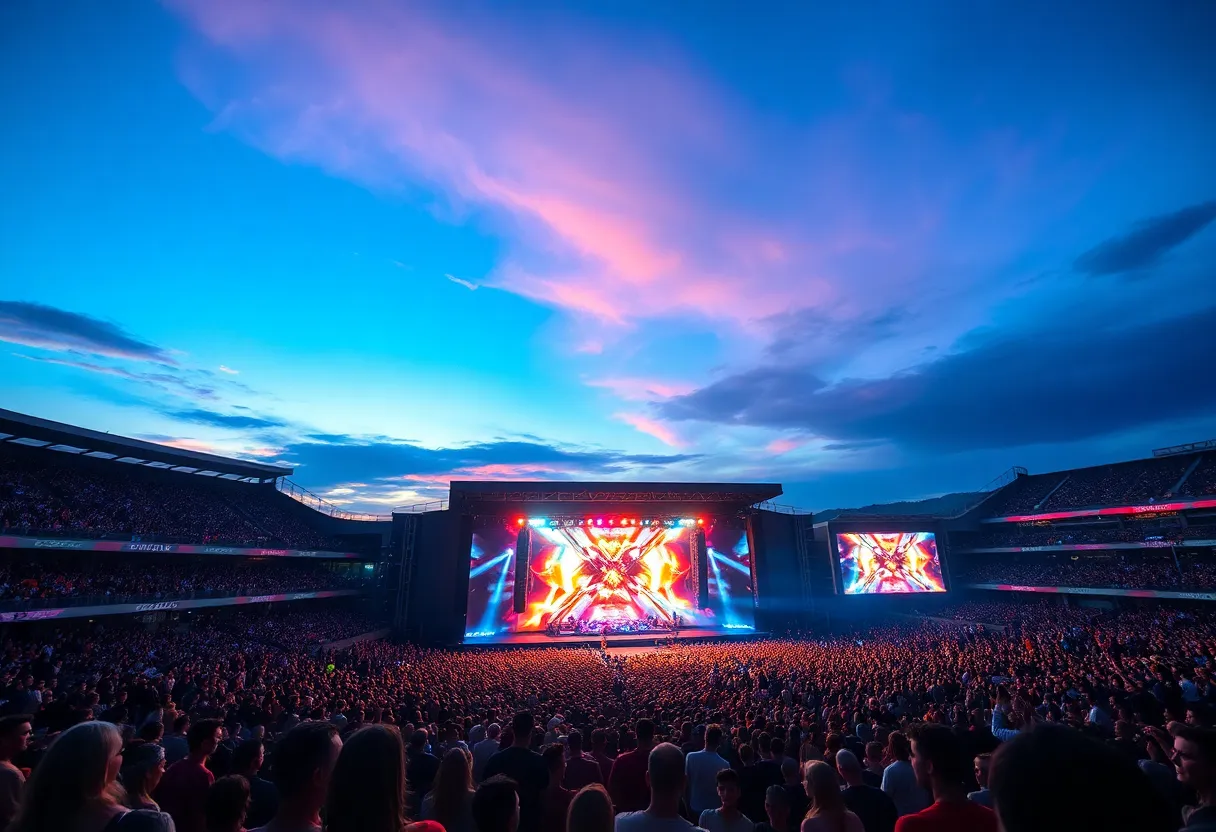 Crowd at a concert with colorful stage lights