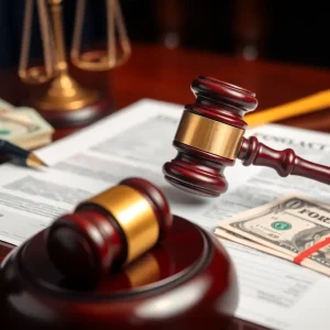 Courtroom scene with judge's gavel and financial symbols