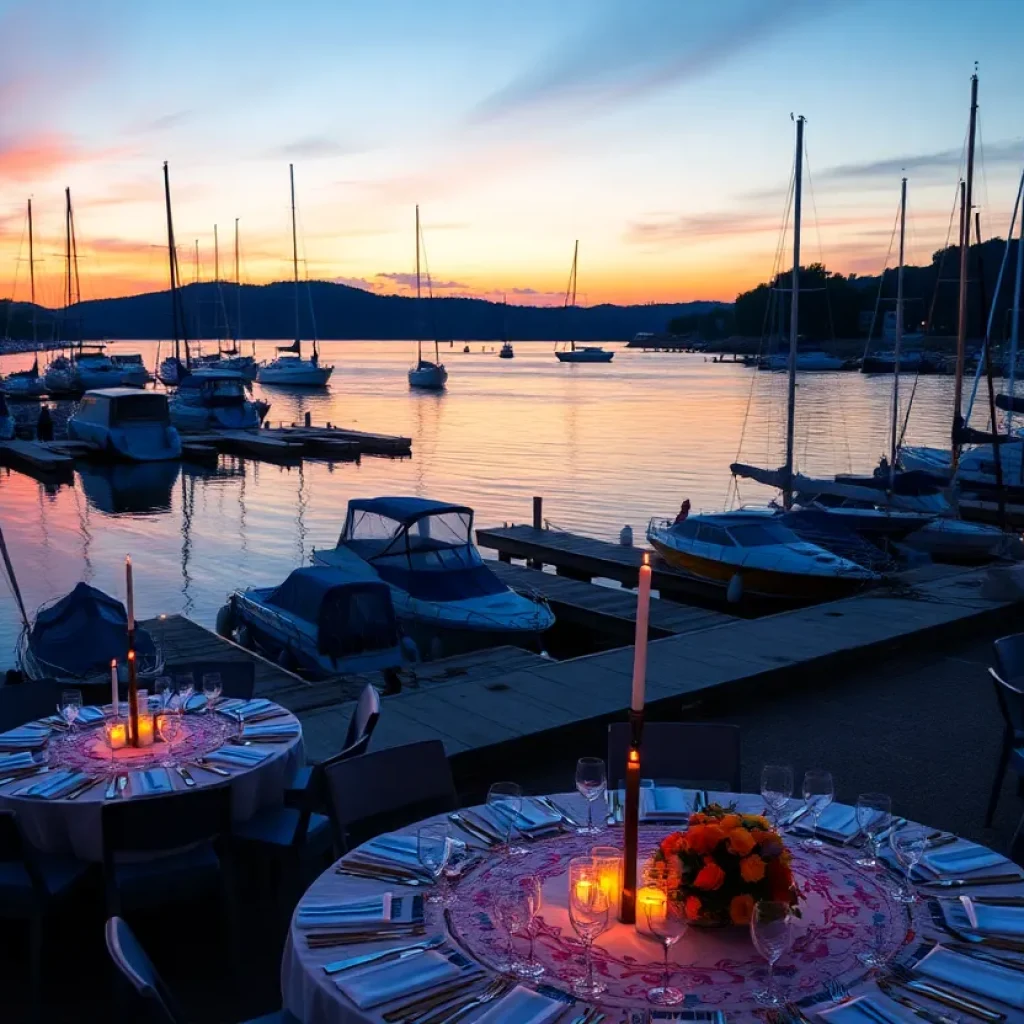 Sunset dinner setting at Coronado Yacht Club for charity event