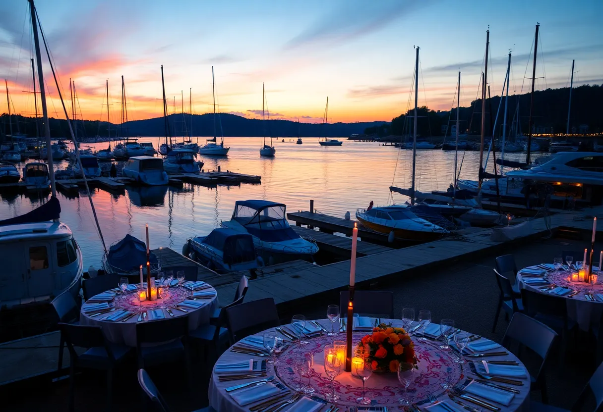 Sunset dinner setting at Coronado Yacht Club for charity event