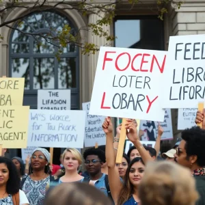Participants rallying outside Huntington Beach Public Library advocating for library rights and freedom of information.