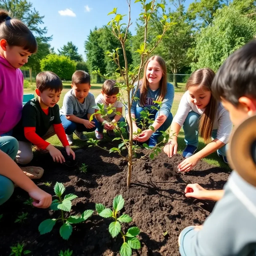 Students participating in a tree planting project in Kenosha school garden