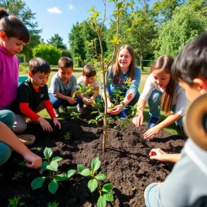 Students participating in a tree planting project in Kenosha school garden