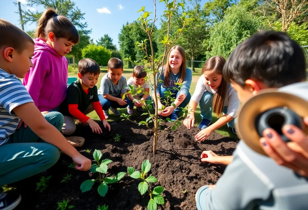 Students participating in a tree planting project in Kenosha school garden