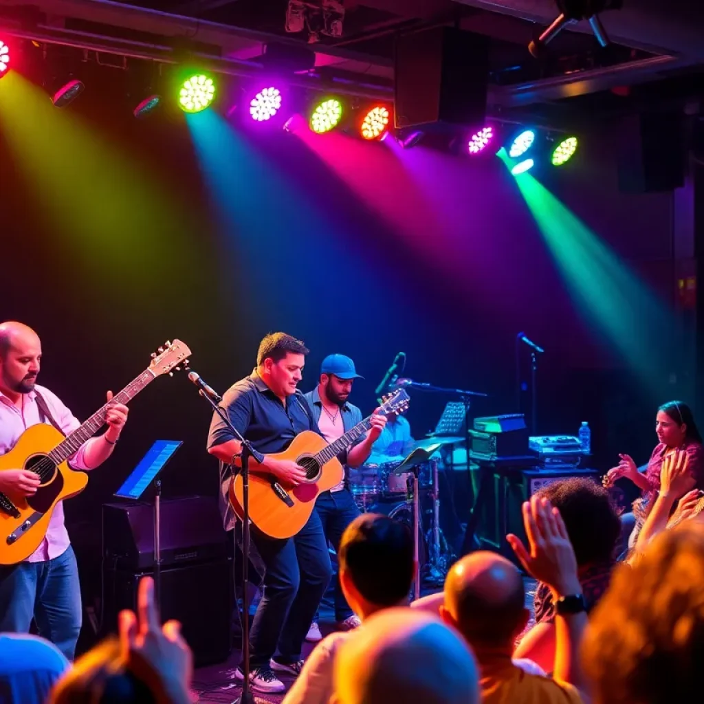 A lively Latin jazz concert atmosphere with musicians and audience.