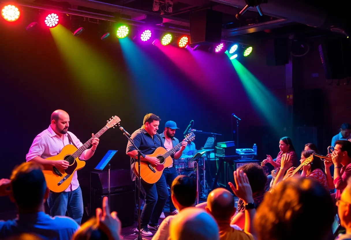 A lively Latin jazz concert atmosphere with musicians and audience.