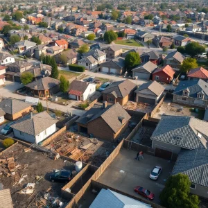 View of Los Angeles neighborhood affected by wildfires showing construction efforts and remnants of destruction.