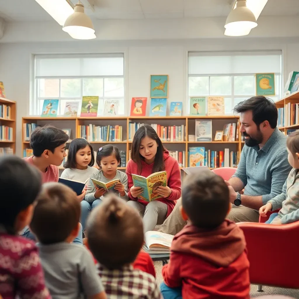 Families enjoying a book signing event at a library