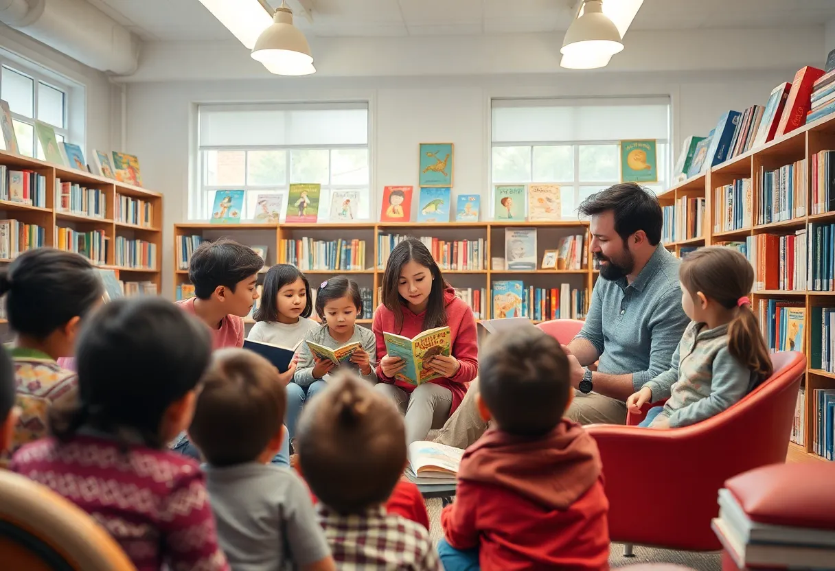 Families enjoying a book signing event at a library