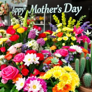 Colorful flower arrangements for Mother's Day at a local florist shop.