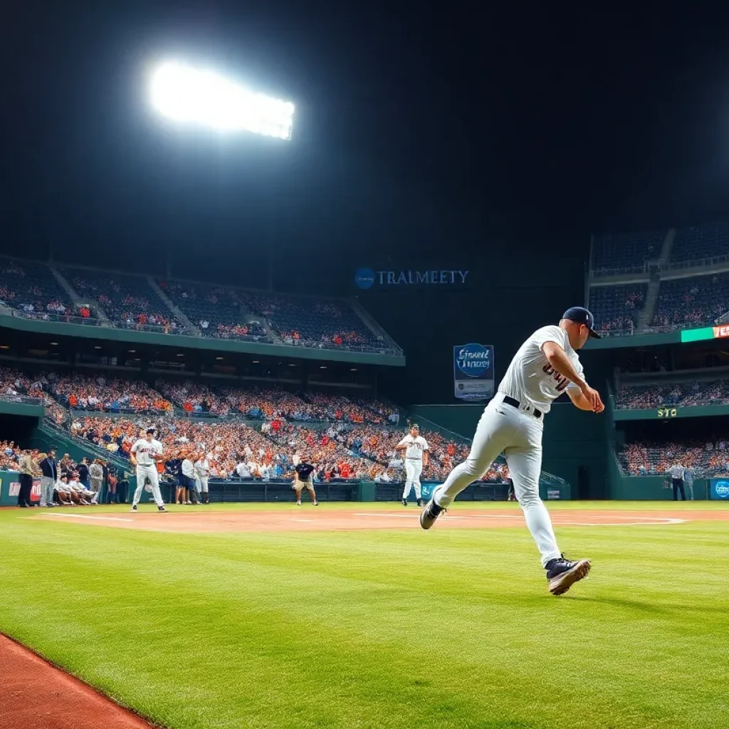 Exciting scene from NCAA baseball tournament with players in action