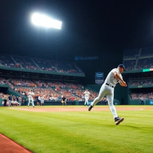 Exciting scene from NCAA baseball tournament with players in action