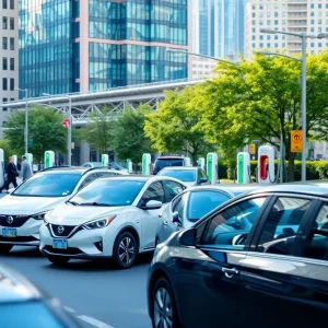 Electric vehicles in a busy New York urban environment.